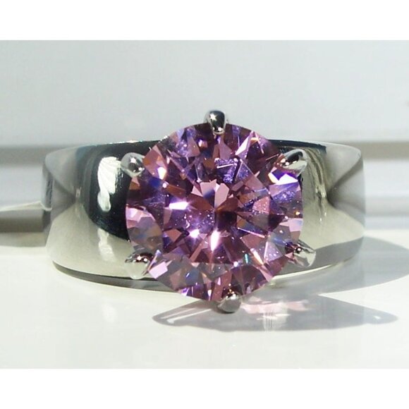STAINLESS STEEL Simulated Pink Sapphire Solitaire Band Ring - Picture 12 of 16